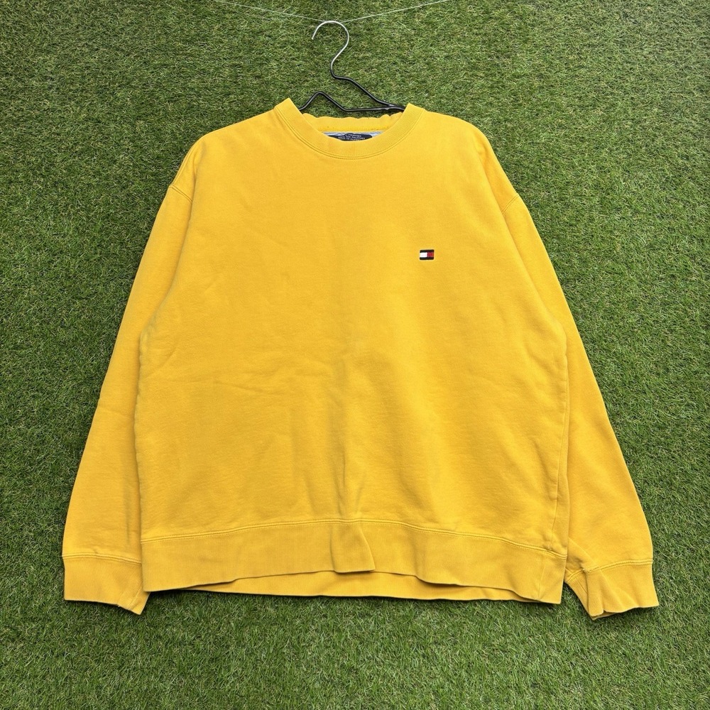 Vintage Tommy Hilfiger Sweatshirt Mens XL Embroidered Crewneck Yellow 90s